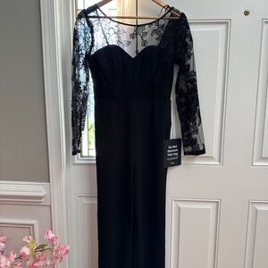 Lulu's Black Lace Long-Sleeve Evening Jumpsuit